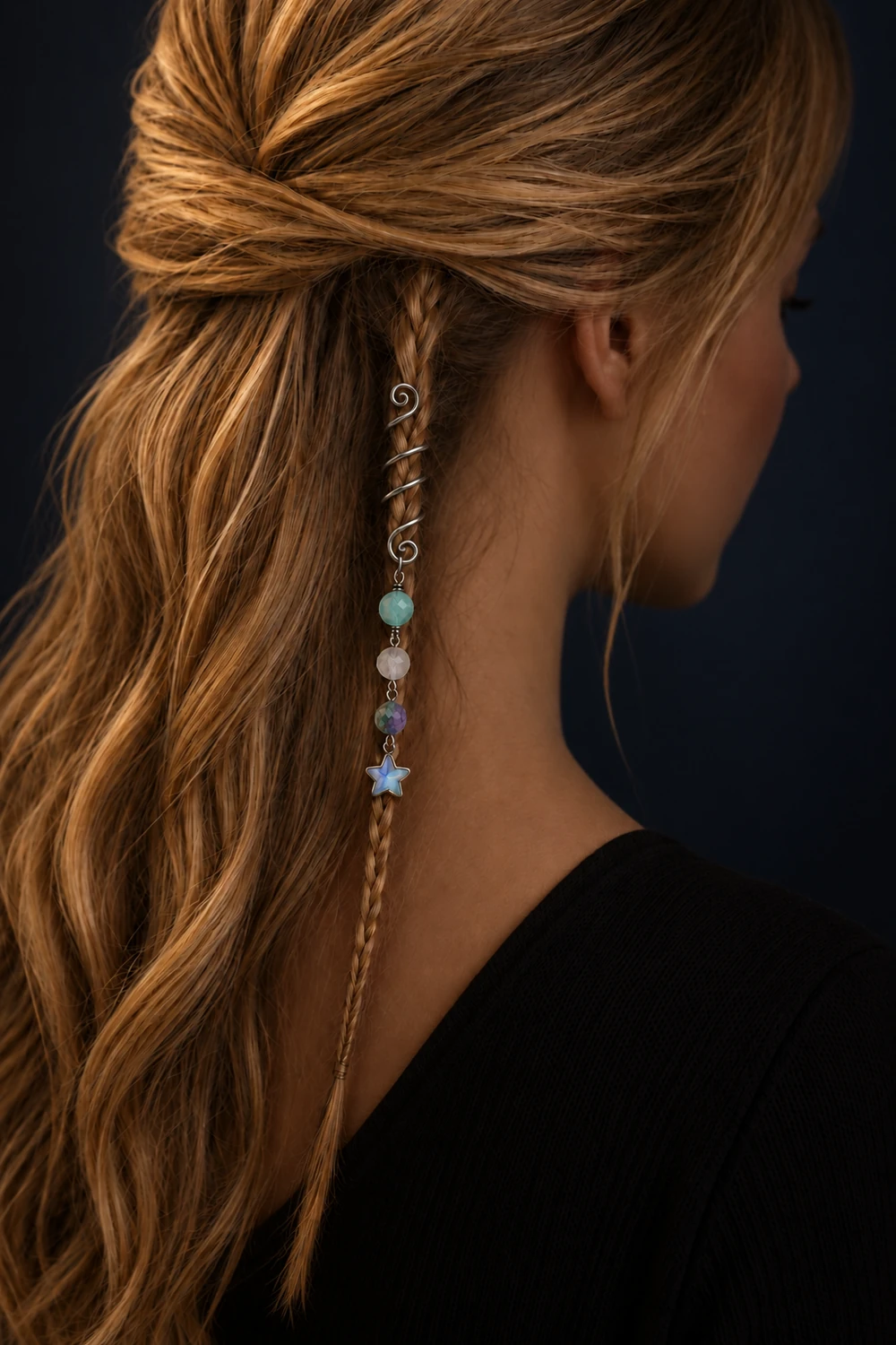 Florit Taşlı Yıldız Uçlu Hair Cuff model üzerinde gece