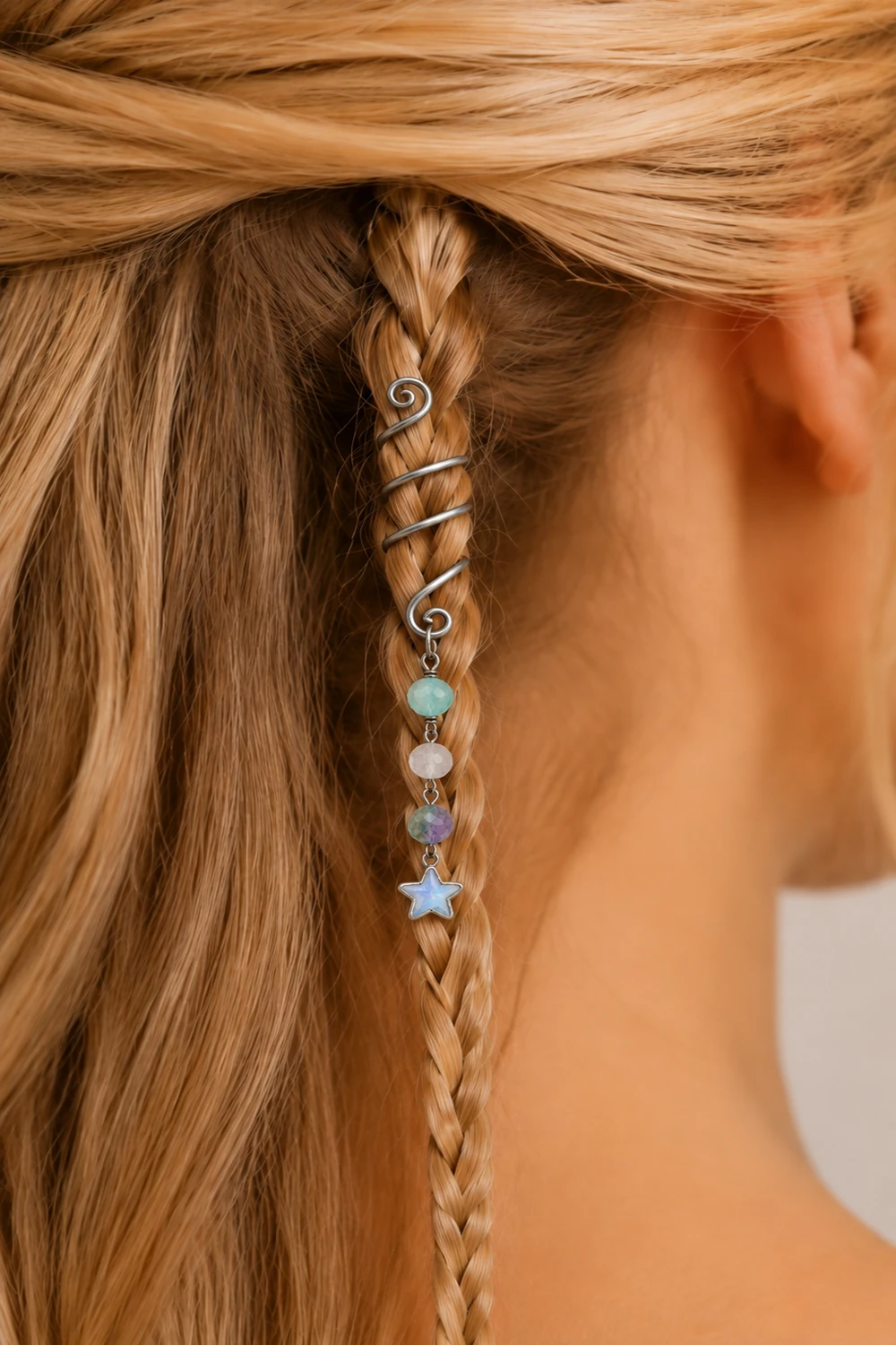 Florit Taşlı Yıldız Uçlu Hair Cuff takılı hali yakın çekim