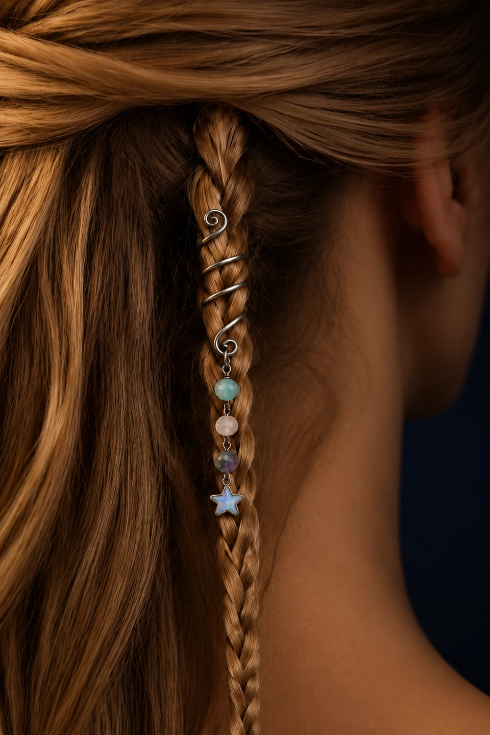 Florit Taşlı Yıldız Uçlu Hair Cuff takılı hali yakın çekim gece