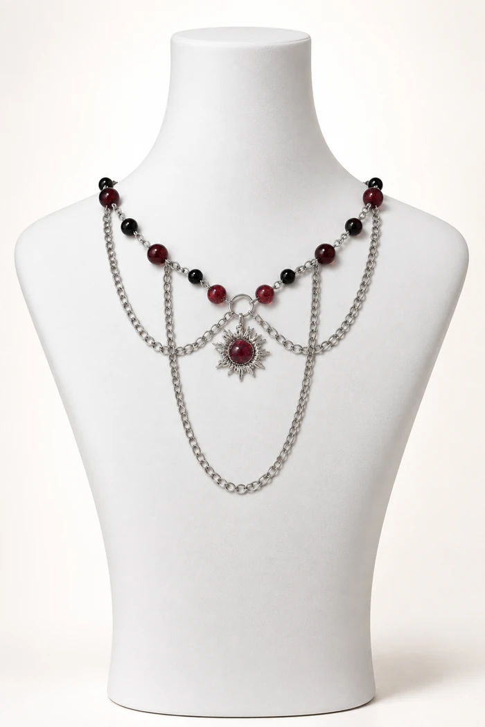 Lal (Garnet) 7mm ve Oniks 6mm Taşlı Güneş Uçlu Zincirli Kolye