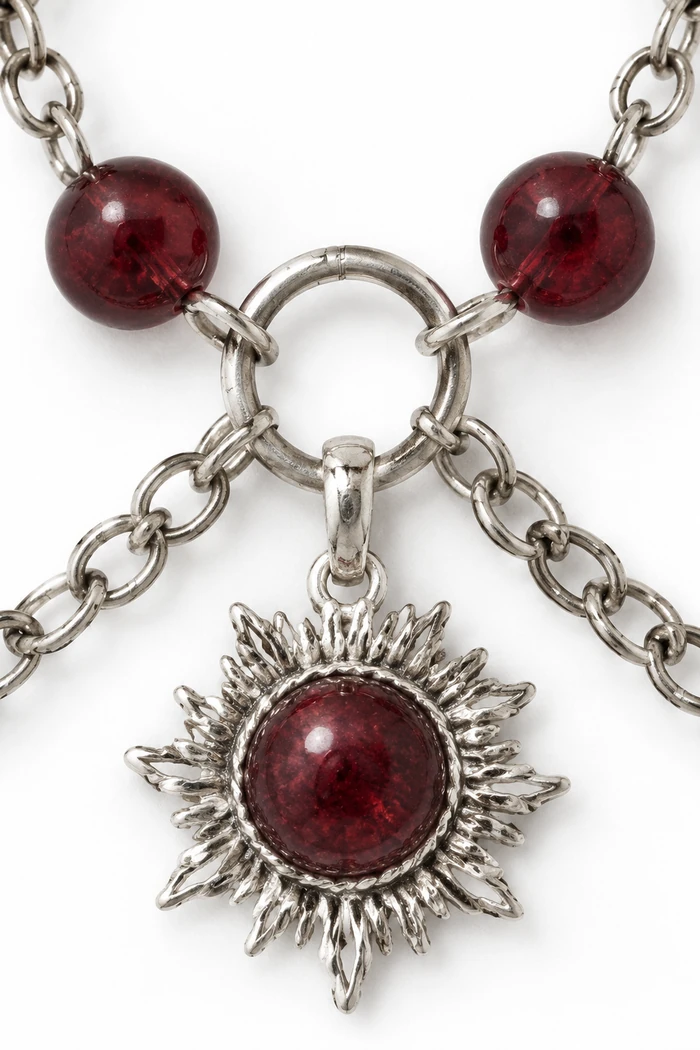 Lal (Garnet) 7mm ve Oniks 6mm Taşlı Güneş Uçlu Zincirli Kolye (1)