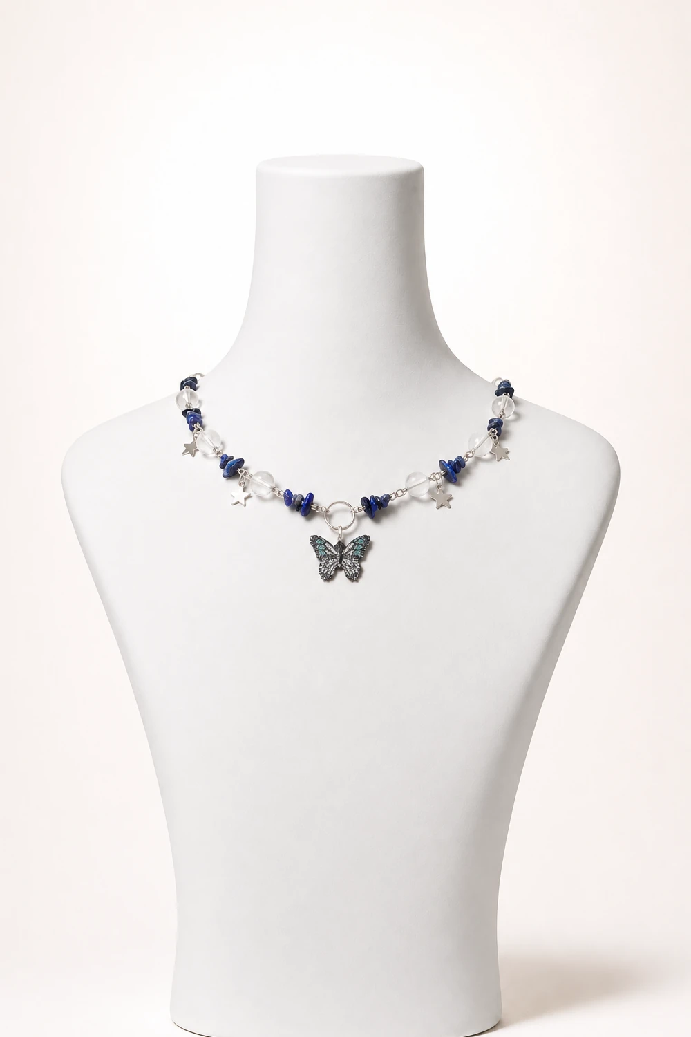 Lapis Lazuli ve Kristal Kuvars Taşlı Kelebek Uçlu Kolye ürün görseli