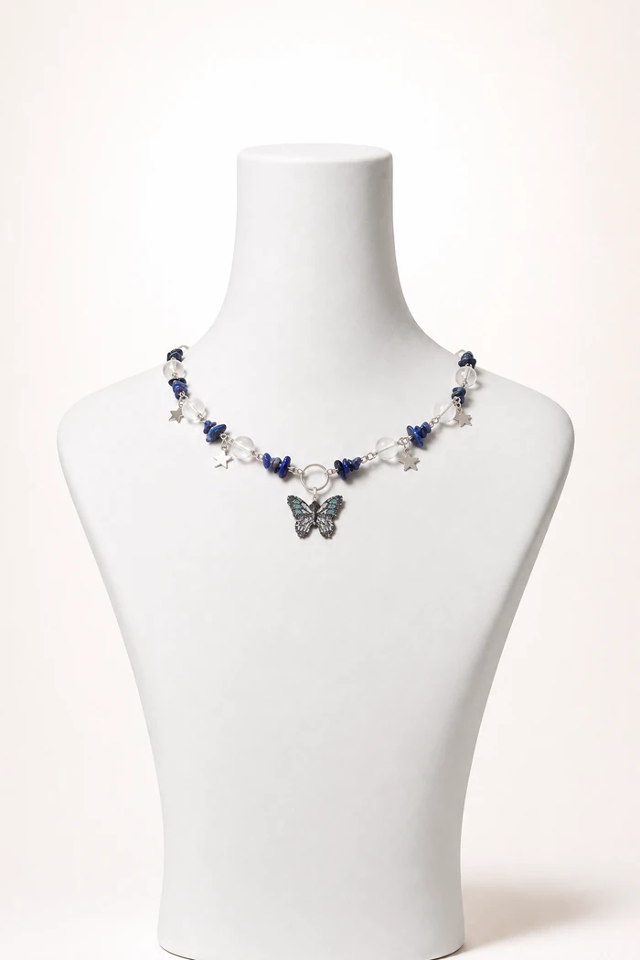 Lapis Lazuli ve Kristal Kuvars Taşlı Kelebek Uçlu Kolye
