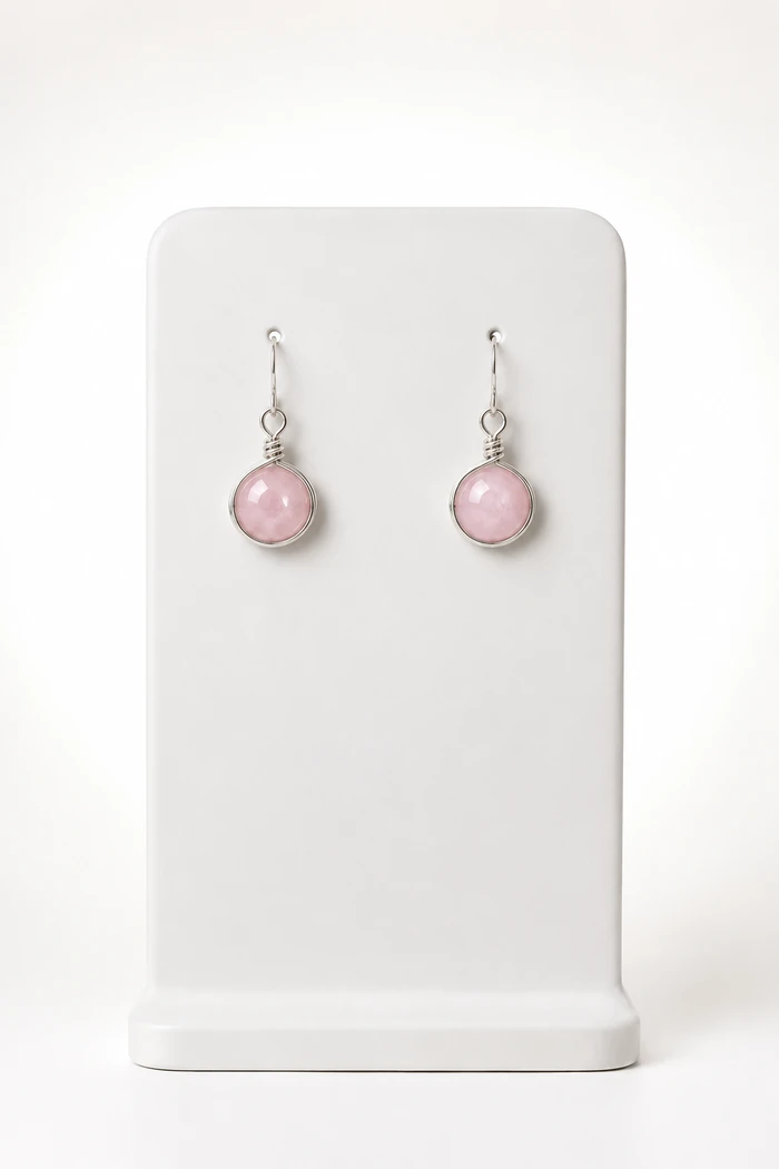 Pembe Kuvars 8mm Tel Çerçeveli Küpe