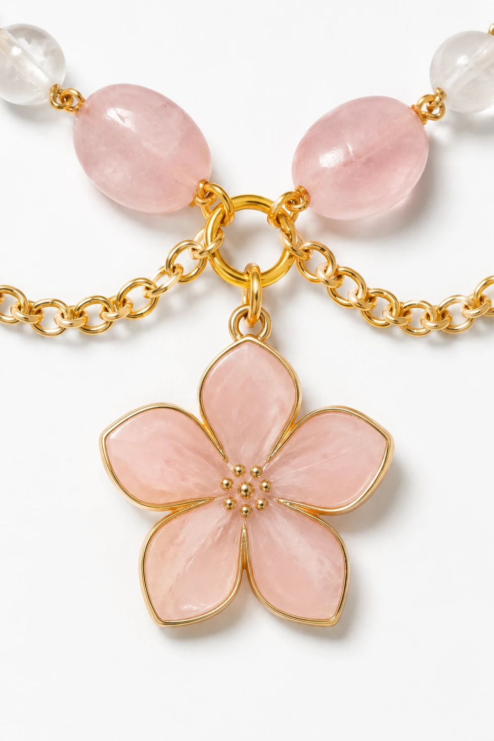 Pembe Kuvars ve Ay Taşlı Pembe Sakura Uçlu Kolye taş dokusu yakın çekim