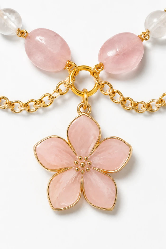Pembe Kuvars ve Ay Taşlı Pembe Sakura Uçlu Kolye (1)