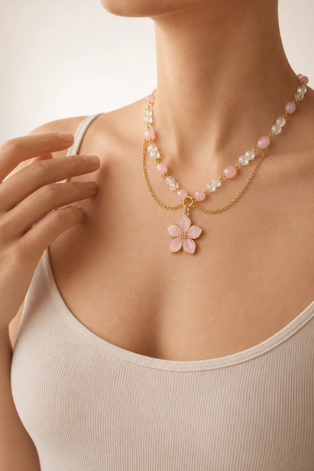 Pembe Kuvars ve Ay Taşlı Pembe Sakura Uçlu Kolye model üzerinde