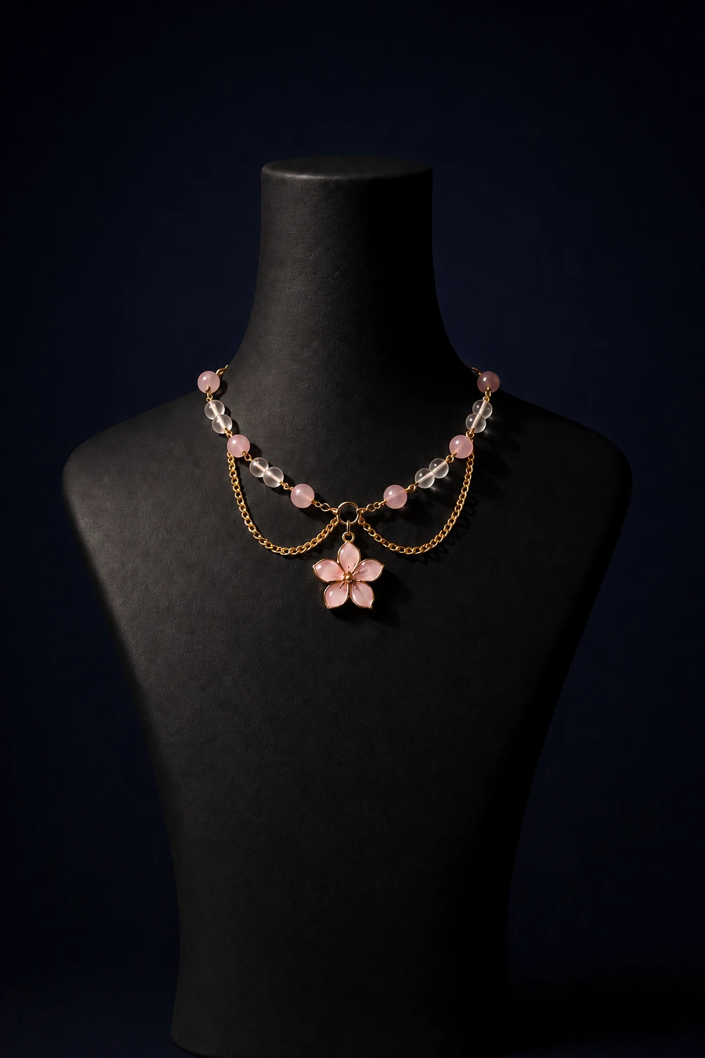 Pembe Kuvars ve Ay Taşlı Pembe Sakura Uçlu Kolye ürün görseli gece