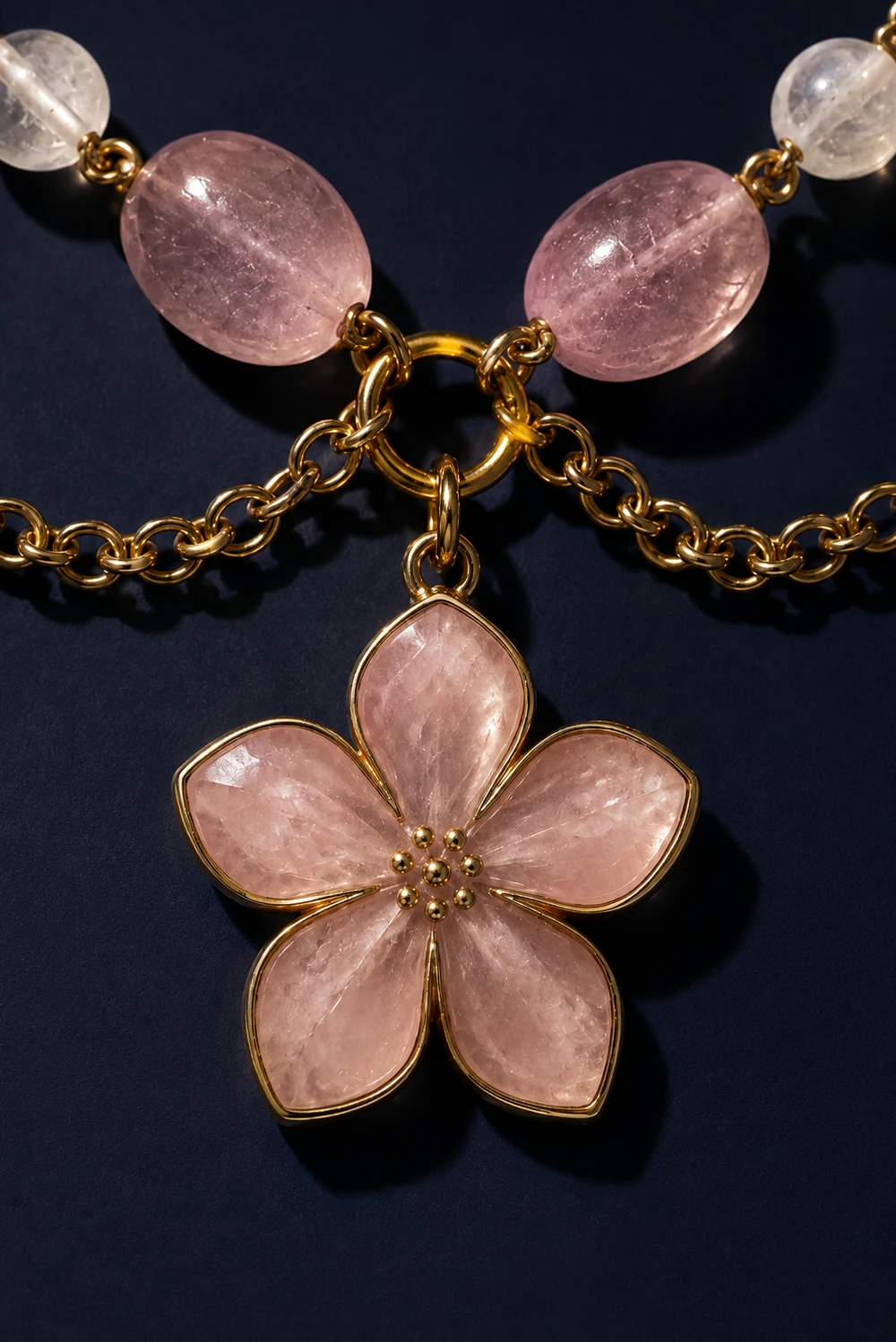 Pembe Kuvars ve Ay Taşlı Pembe Sakura Uçlu Kolye taş dokusu yakın çekim gece