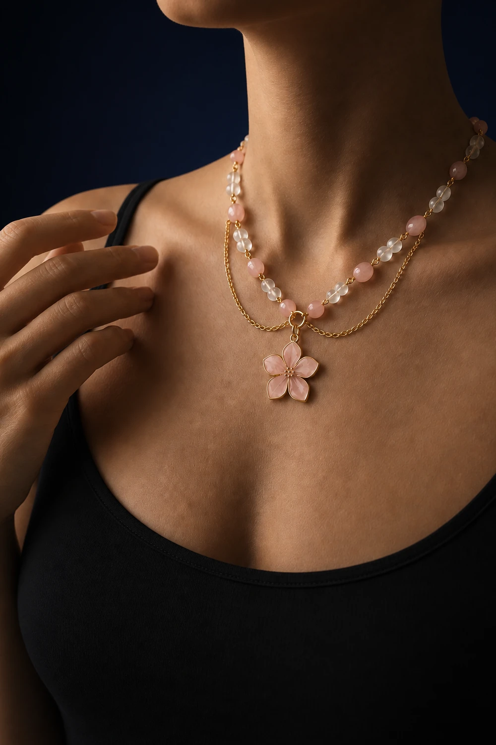 Pembe Kuvars ve Ay Taşlı Pembe Sakura Uçlu Kolye model üzerinde gece