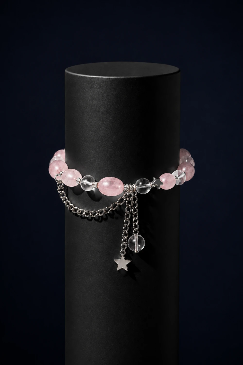 Pembe Kuvars Mercimek Kesim ve Ay Taşı 6mm Yıldız Uçlu Bileklik ürün görseli gece